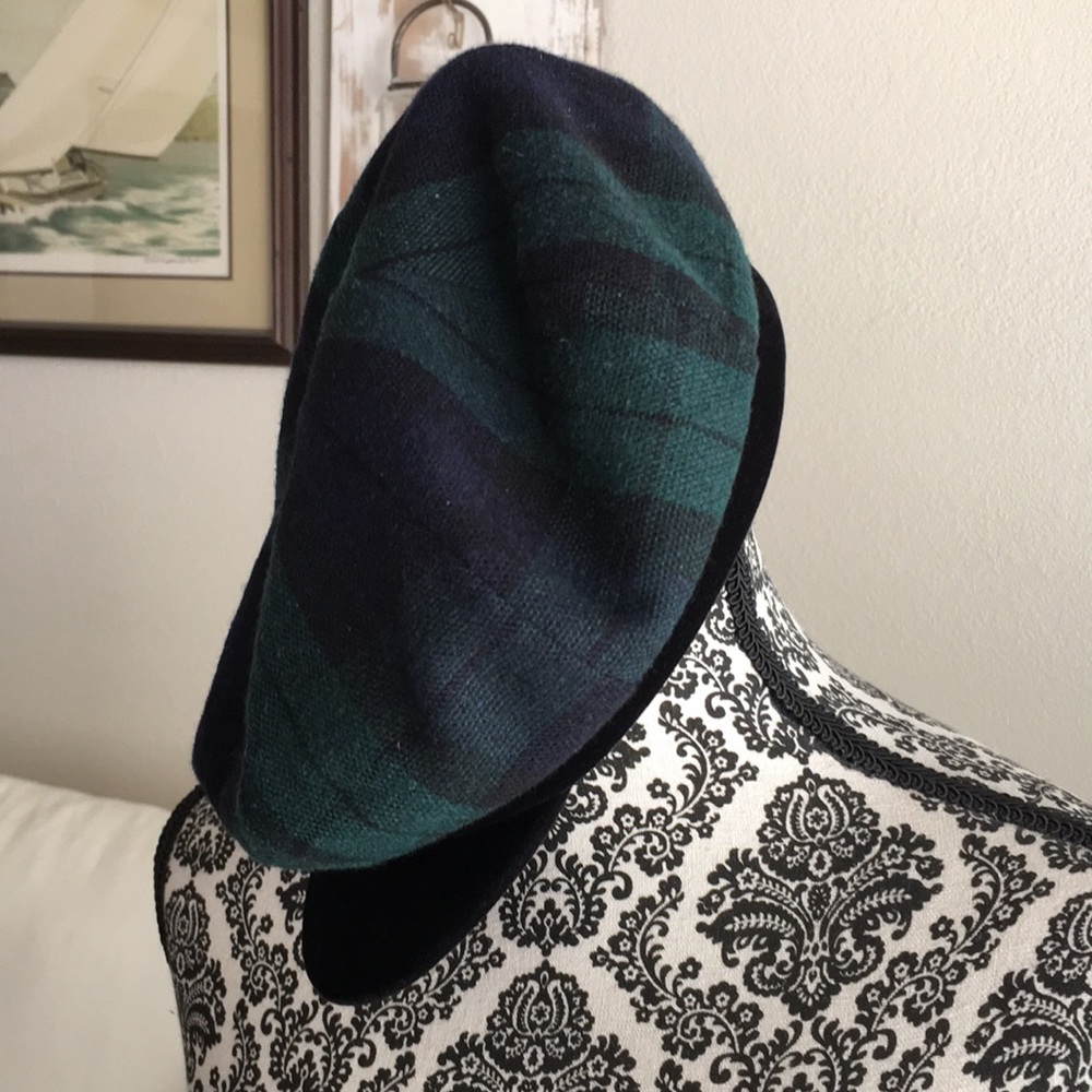Two Girls NYC hat. Newsboy style. Plaid. Black velvet stiff bill/band.